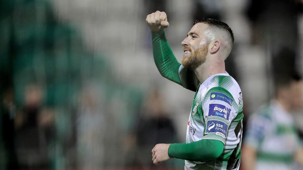Shamrock Rovers’ Jack Byrne celebrates after the victory over Sligo Rovers in the SSE Airtricity League Premier Division match at  Tallaght Stadium. Photograph: Laszlo Geczo/Inpho