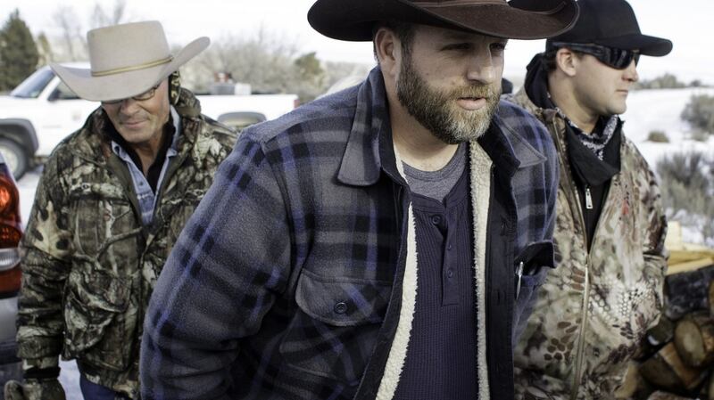This file photo taken on January 6th, 2016 shows Ammon Bundy making his way from the entrance of the Malheur National Wildlife Refuge Headquarters in Burns, Oregon, USA. Photograph: Rob Kerr/AFP/Getty Images