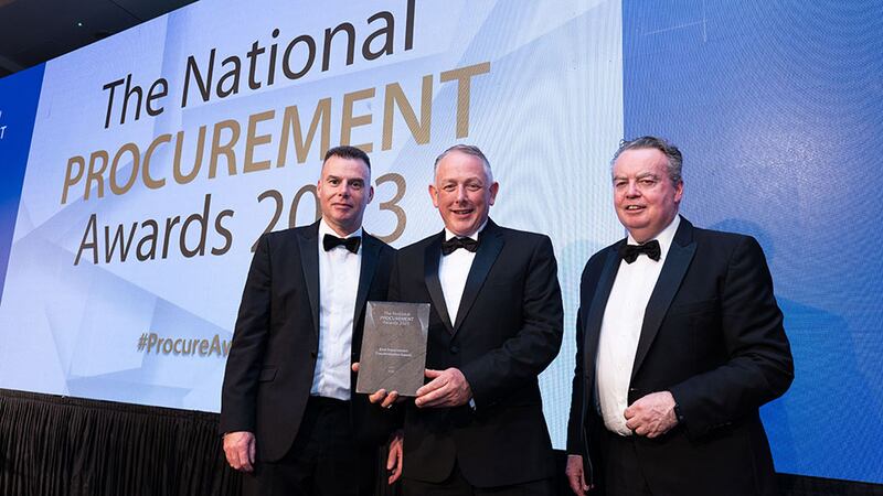 Robert Babington, awards judge, presents the best procurement transformation award to Ian Cassells and Frank Muller, MSD