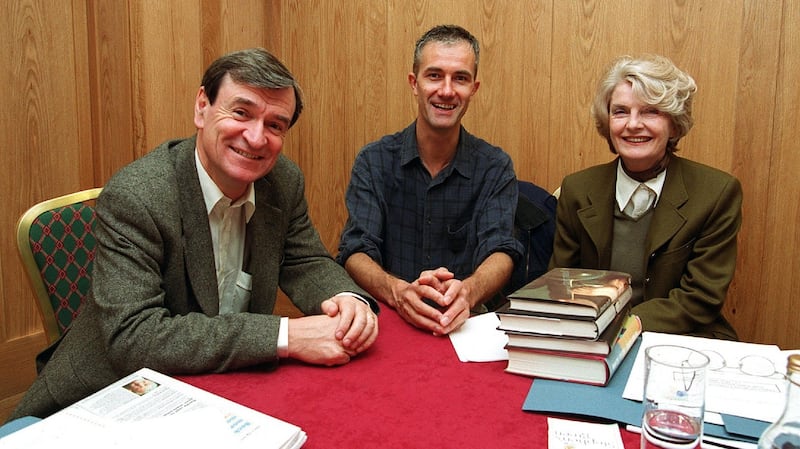 Julia O’Faolain with Anthony Clare, left, and Geoff Dyer , the three judges of the Irish Times Literary Awards in 2000. Photograph: Bryan O’Brien