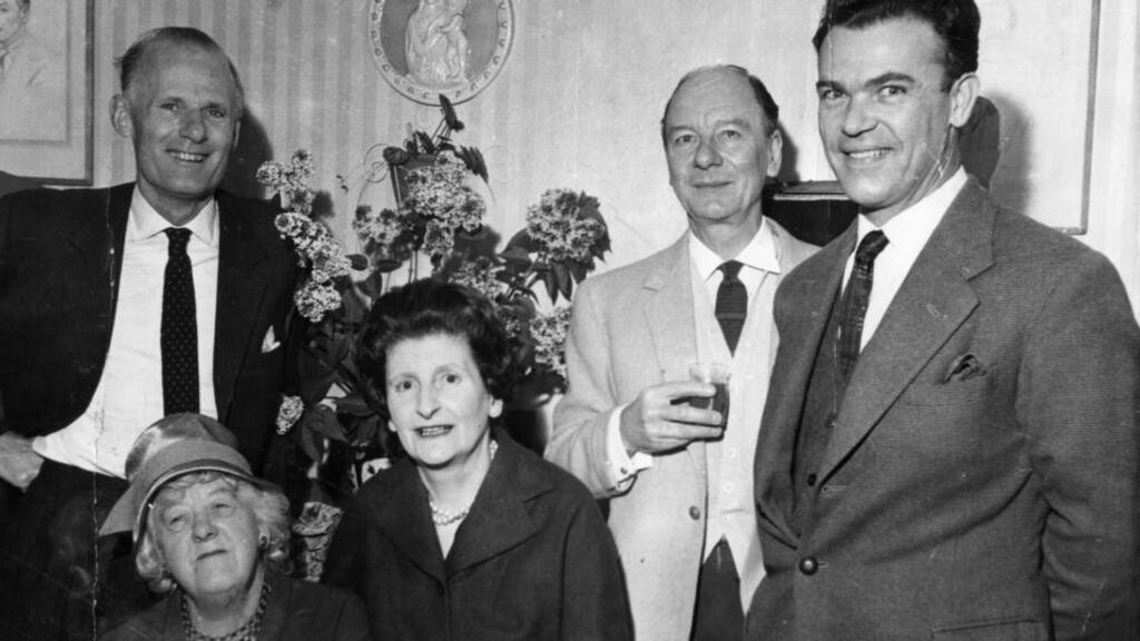 Molly Keane, centre, at Dublin’s Olympia Theatre in 1961 for the production of her play, Dazzling Prospect, with co-author John Perry, Margaret Rutherford, Sir John Gielgud, actor and director Richard Leech. Photograph: Dermot Barry
