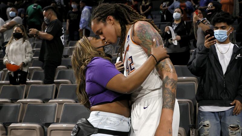 Phoenix Mercury’s Brittney Griner kisses her wife Cherelle Griner at Michelob Ultra Arena last October. Photograph: Ethan Miller/Getty Images