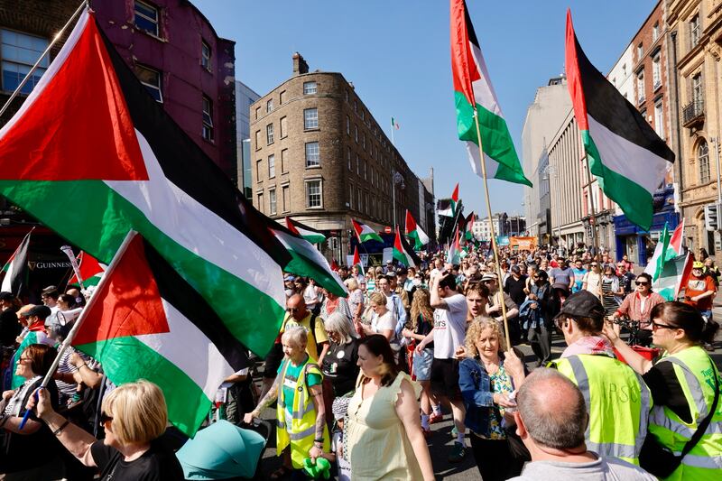 The demonstration makes its way along D'Olier Street. Photograph: Alan Betson/The Irish Times