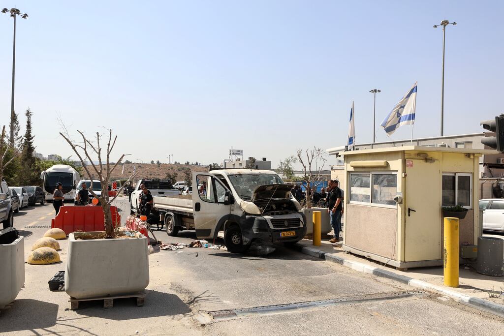 Israeli police at the scene of a ramming attack at the Maccabim checkpoint in the occupied West Bank on Thursday. Photograph: Jamal Awad/EPA