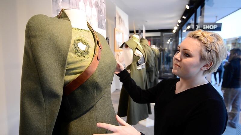 2nd year fashion student at Griffith College Róisín Bowling works on her creation influenced by Margaret Skinnider (1892 – 1971) as part of 'Uniformity'. Photograph: Bryan O'Brien