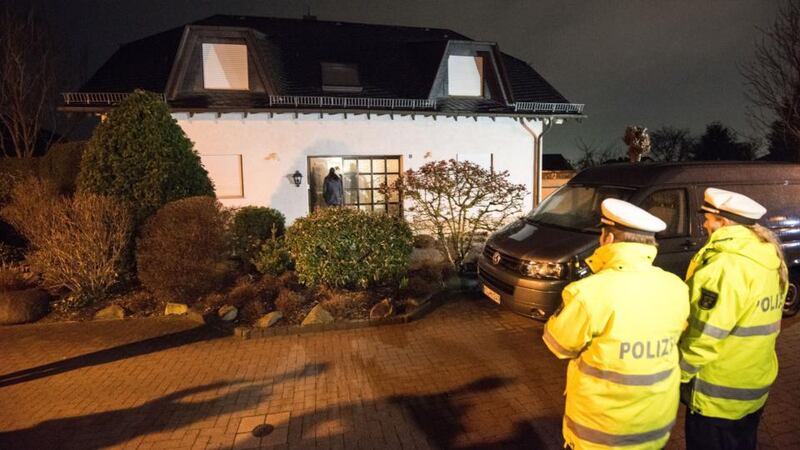 Police stand in front of the residence of the parents of Andreas Lubitz, co-pilot on Germanwings flight 4U9525, on Thursday in Montabaur, Germany. Photograph: Thomas Lohnes/Getty Images