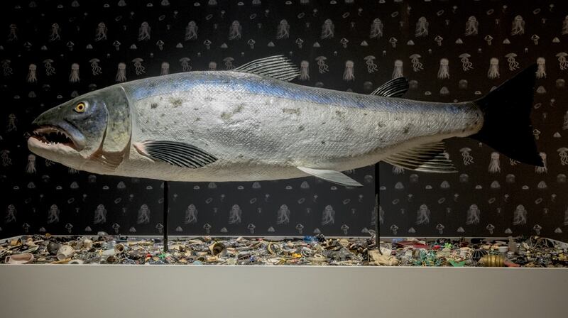 Mark Dion, The Salmon of Knowledge Returns, 2015. Sculpture Epoxy resin, steel, tar, wood, foam, paper, aerosol enamel, acrylic paints, adhesives, glass eyes, mixed media. Courtesy of the artist and Tanya Bonakdar Gallery, New York. Photograph: Rory Conaty