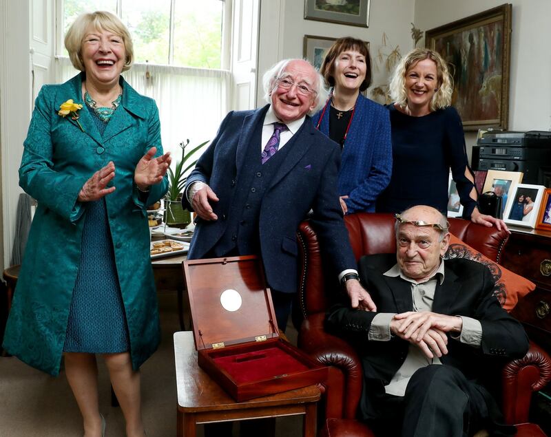Aosdána Saoi: Tom Murphy wears his torc after receiving it from President Michael D Higgins, accompanied by Sabina Higgins; Murphy’s wife, Jane Brennan; and Orlaith McBride, director of the Arts Council. Photograph: maxwellsphotography.ie