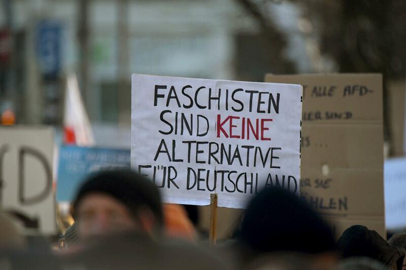 A banner stating ‘Fascists are no alternative for Germany’ held during a march in Heidelberg. Photograph: Jason Tschepljakow/dpa via AP