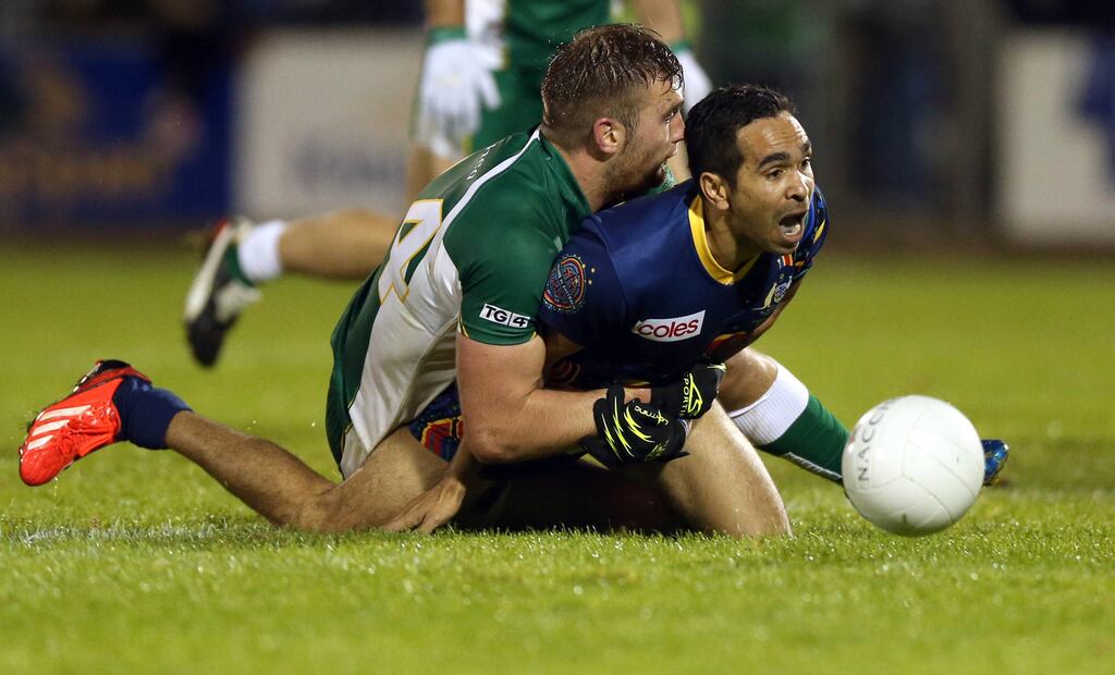 Australia’s Eddie Betts is tackled by Aidan O’Shea of Ireland during the first International Rules Test in Breffni Park, Cavan, last Saturday. O’Shea will miss Saturday’s second Test as he will be playing in the Mayo county final with Breaffy. Photograph: Donall Farmer/Inpho
