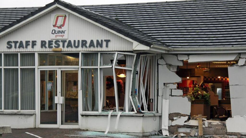 The extensive damage caused by a burnt-out truck at the staff restaurant opposite the Quinn Group HQ in Derrylin, Co Fermanagh in December 2011. Photograph: Lorraine Teevan