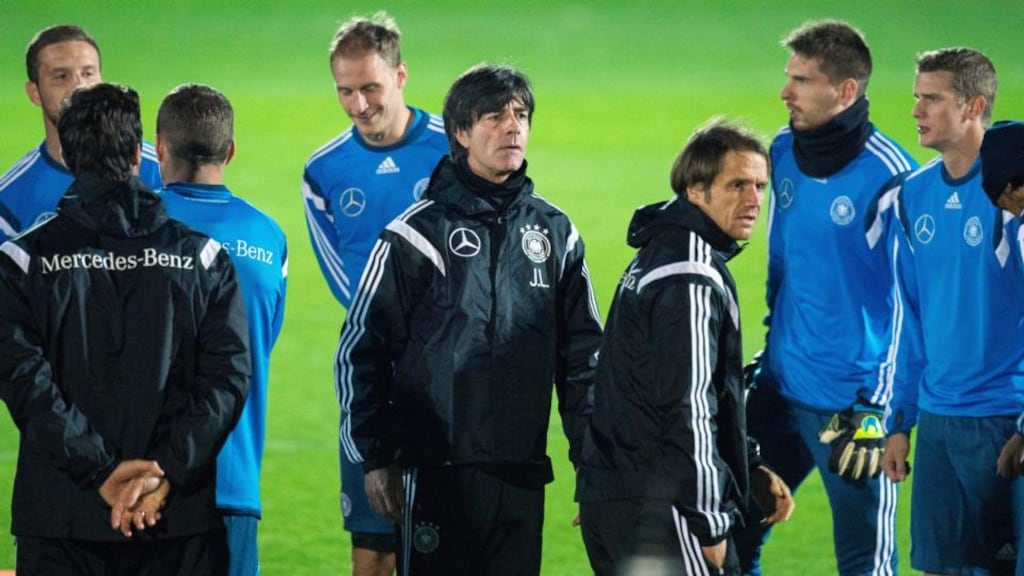 German coach Joachim Löw and assistant coach Thomas Schneider during team training session in Berlin ahead of the Euro 2016 qualifier against Gibraltar in Nuremberg on Friday. Photograph: Lukas Schulze/EPA