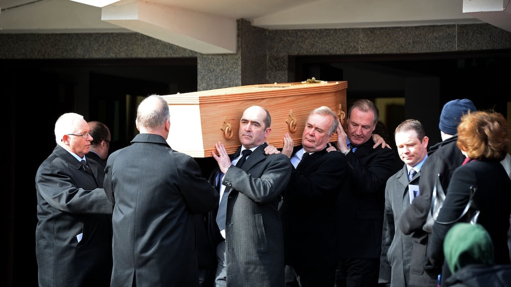 Final journey: Funeral of Frank Kelly, the actor who became best known for his role as Fr Jack Hackett in Fatherr Ted, taking place in Blackrock, Co Dublin. Photograph: Eric Luke/The Irish Times