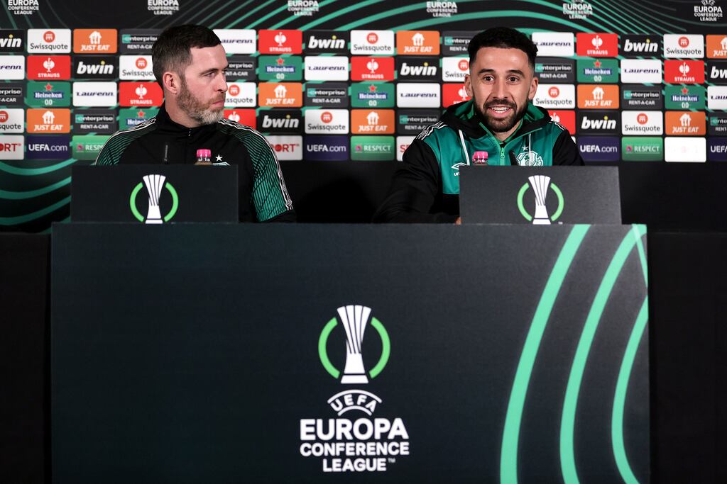 Shamrock Rovers manager Stephen Bradley and centre back Roberto Lopes at a press conference ahead of the Europa Conference League match against Molde at Tallaght Stadium on Thursday night. Photograph: Laszlo Geczo/Inpho