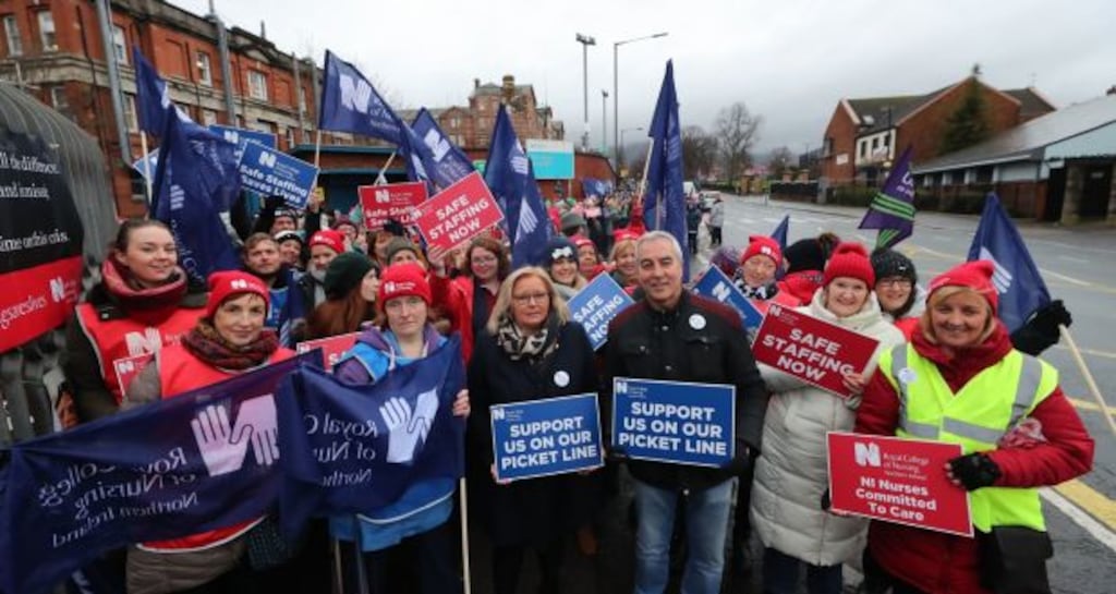 Royal College of Nursing Northern Ireland director Pat Cullen (centre) joins the picket line outside the Royal Victoria Hospital in Belfast as nurses across Northern Ireland take part in a 12-hour strike over pay in December. File photograph: Liam McBurney/PA Wire