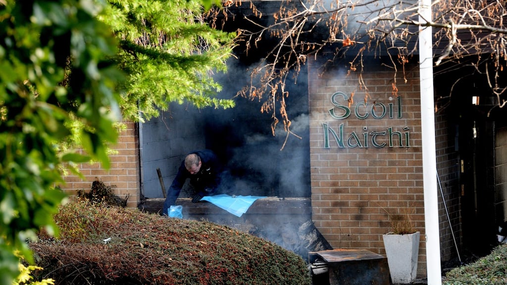 Gardaí at the scene of the fire at Scoil Naithí in Ballinteer this morning. Photograph: Cyril Byrne /The Irish Times