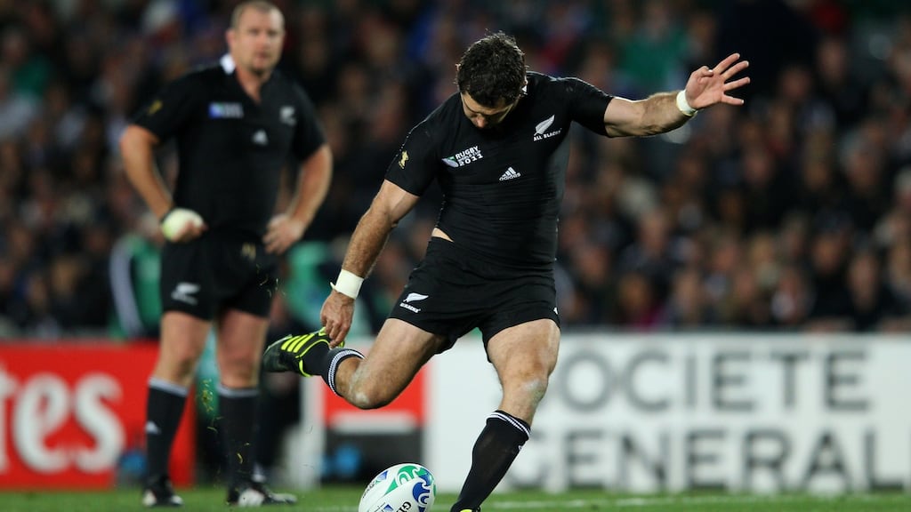 Flyhalf Stephen Donald of the All Blacks kicks a penalty in 2011 Rugby World Cup Final between France and New Zealand in Auckland. Photograph: David Rogers/Getty