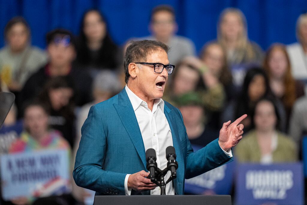 Mark Cuban addresses a rally for Democratic presidential nominee vice president Kamala Harris in La Crosse, Wisconsin. Photograph: Andy Manis/Getty Images