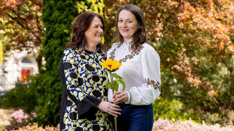 Jacqui McNabb with Tetiana Pankiv at the launch of the Sow Now Sunflower Seed nationwide initiative in aid of the Irish Red Cross. Photograph: Connor Healy