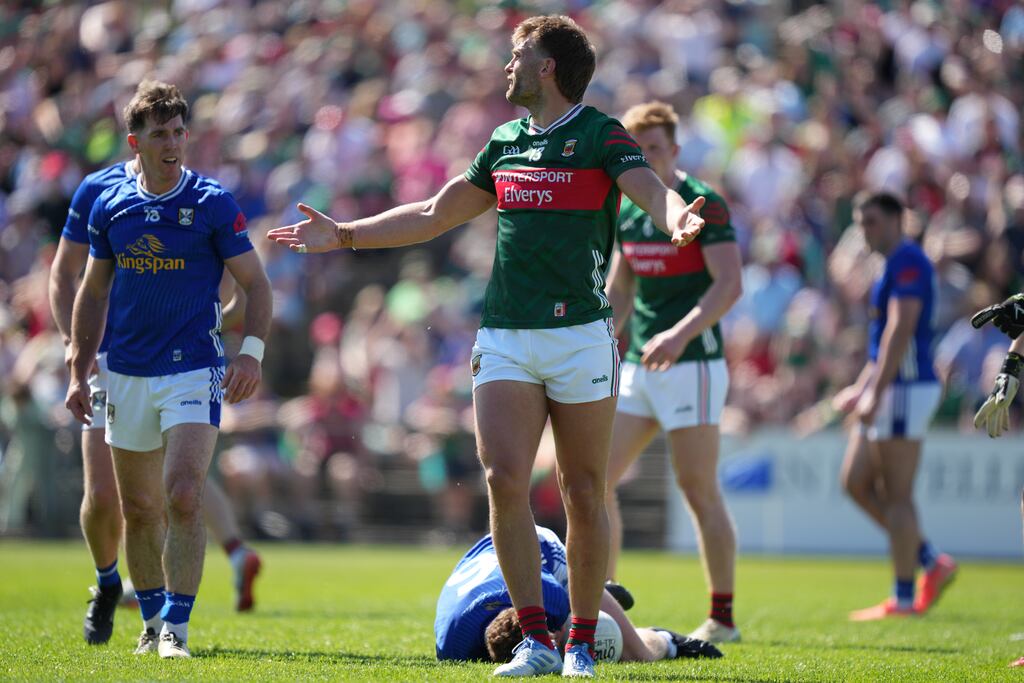 Mayo's Aidan O'Shea reacts to a referee decision during the game against Cavan at MacHale Park. Photograph: James Lawlor/Inpho