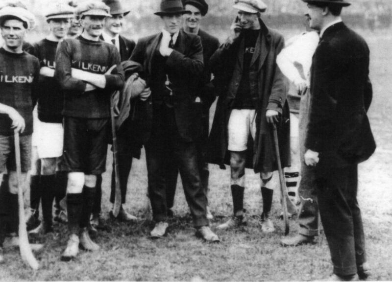Michael Collins (right) talking to members of the Kilkenny hurling team before the 1921 Leinster hurling final in Croke Park on September 11th, 1921.