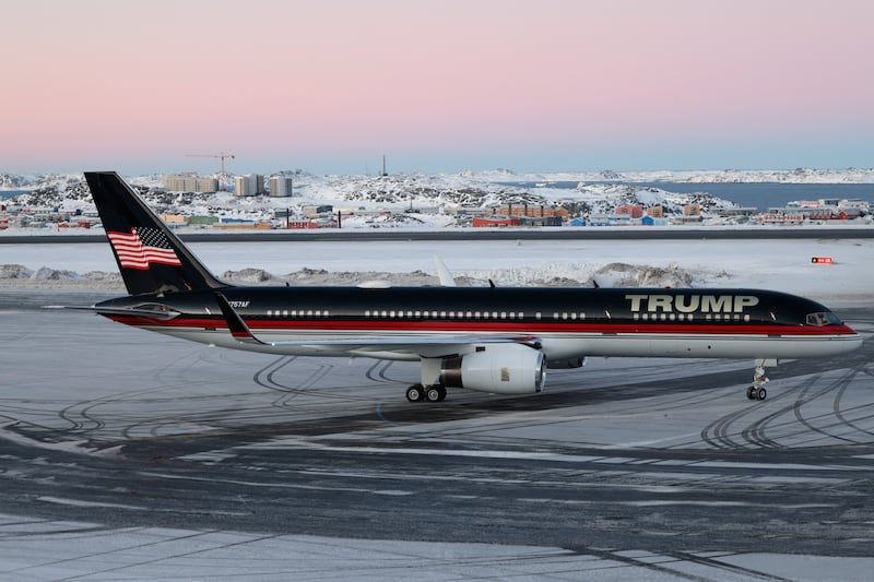 The aircraft carrying Donald Trump Jr arrives in Nuuk, Greenland, on Tuesday. Photograph: Emil Stach/Ritzau Scanpix/AFP via Getty Images