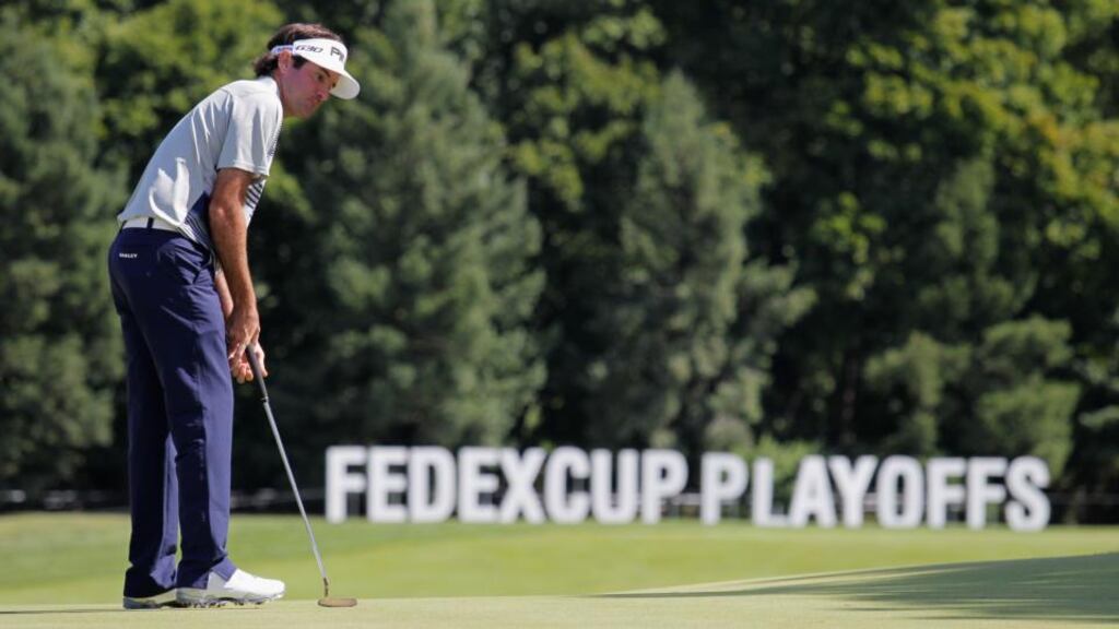 Bubba Watson of the United States watches his birdie putt on the 18th hole during the first round of The Barclays at Plainfield Country Club. Photograph: Hunter Martin/Getty Images