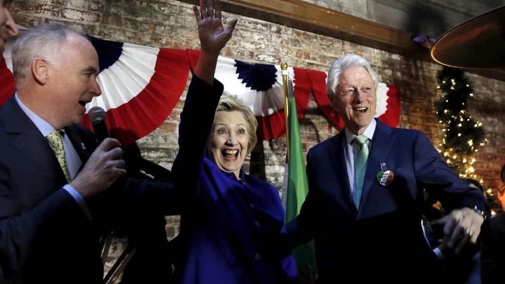 Hillary and Bill Clinton at a campaign stop with Irish American supporters in Manhattan on Monday. Photograph: Mike Segar/Reuters