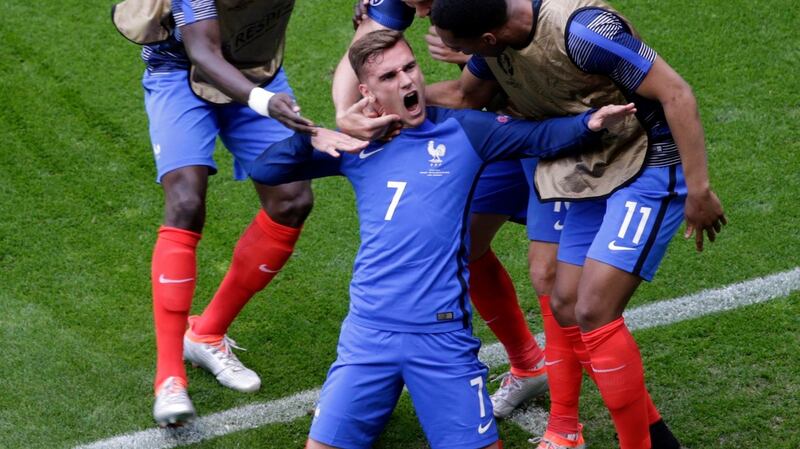 France striker Antoine Griezmann celebrates after scoring the equaliser in the Round of 16 game against the Republic of Ireland at Stade de Lyon. Photograph: Mast Irham/EPA