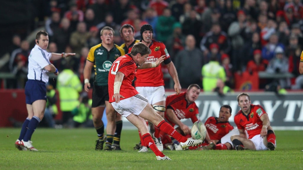 Ronan O’Gara kicks the winning drop goal in Munster’s win over Northampton in the Heineken Cup at Thomond Park in November 2011. Photograph: David Rogers/Getty Images