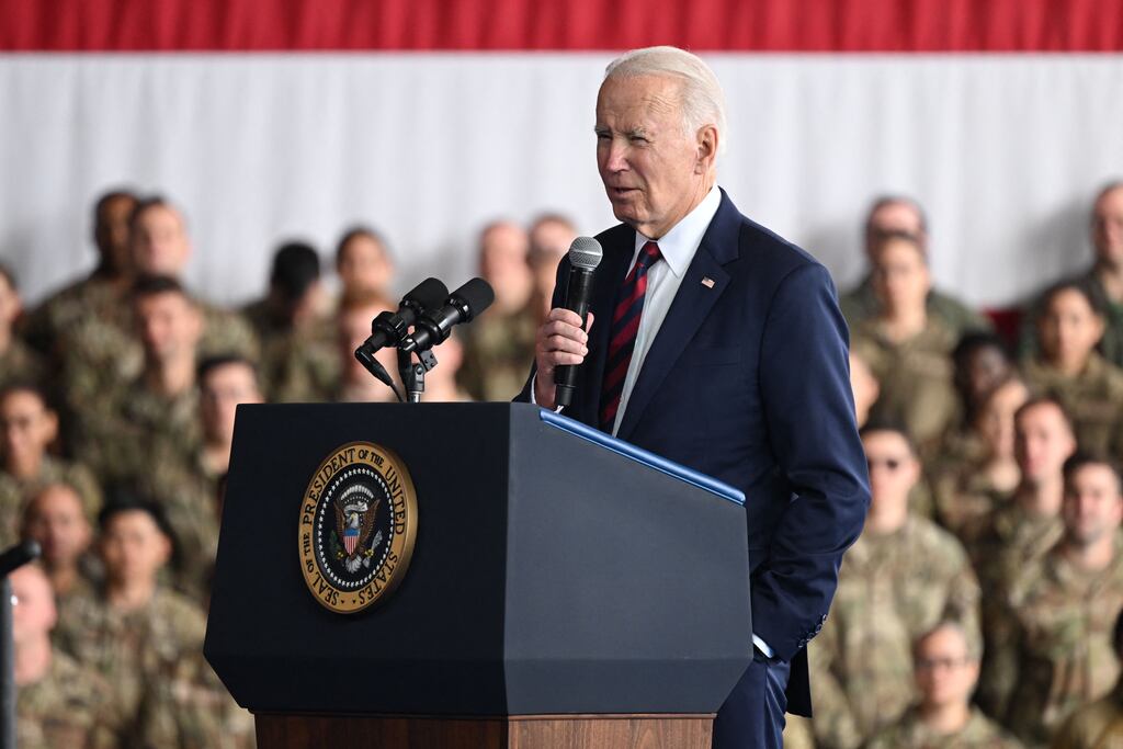 US president Joe Biden addresses service members, first responders, and their families on the 22nd anniversary of the September 11th, 2001, terrorist attacks, at Joint Base Elmendorf-Richardson in Anchorage, Alaska. Photograph: Saul Loeb/AFP via Getty Images