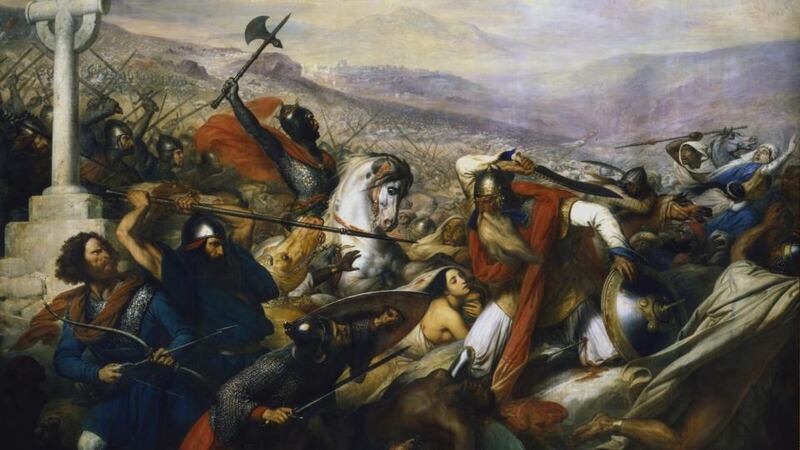Battle: Charles Martel, on the white horse, stops the Islamic advance in an 1837 painting by Charles de Steuben. Photograph: Print Collector/Getty