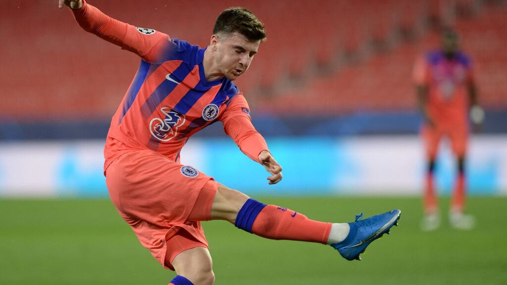Chelsea’s Mason Mount scores a goal during the Champions League quarter-final, first leg against FC Porto at the Ramón Sánchez Pizjuán stadium in Seville. Photograph: Cristina Quicler/AFP via Getty Images