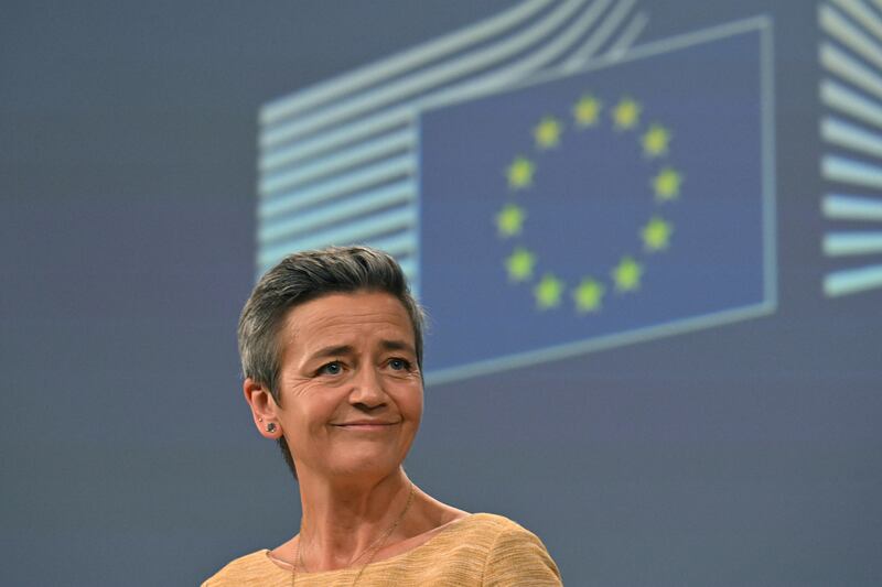 European Commissioner for Competition Margrethe Vestager at a press conference at the EU headquarters in Brussels on Tuesday after the EU's top court decided that Ireland must collect €13bn in back taxes from Apple following a long-running state aid case pursued by the commission. Photograph: Nicolas Tucat/AFP via Getty Images