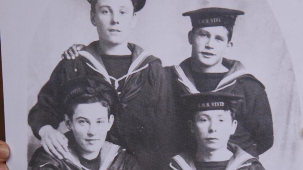 Joseph Murphy (front right) with shipmates while serving on board the HMS Vivid in 1910. Photograph: the Murphy family