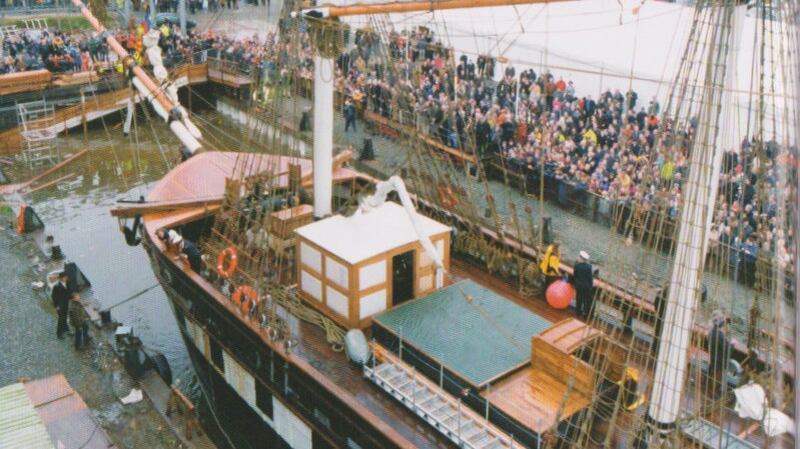 The launch of the Dunbrody, a life-size replica of a 19th century Famine ship, in New Ross
