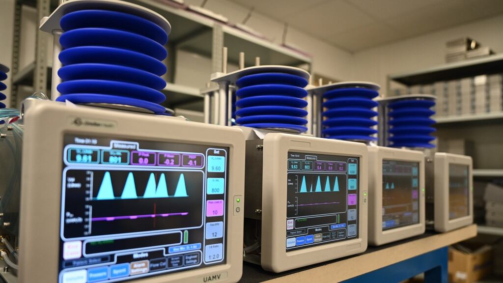 Medical ventilators being constructed at the OES medical supply company in Witney. The National Health Service has said it needs thousands more ventilators to treat patients with coronavirus. Photograph: Neil Hall/EPA