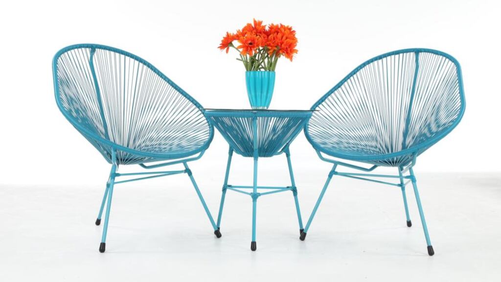 Como is a set of two chairs and a glass-topped side table available in teal blue or lime green, reduced from €699 to €399 at EZ Living