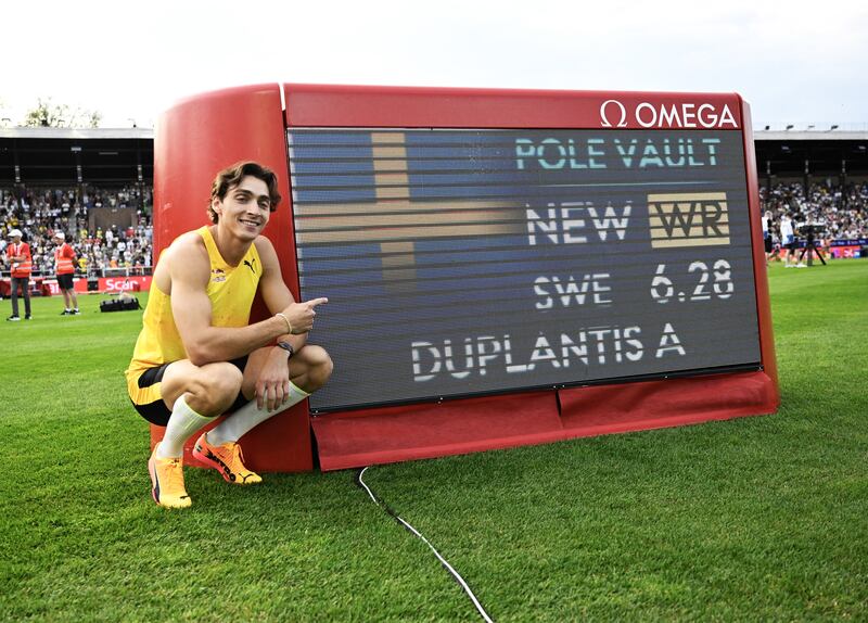 Sweden's Armand Duplantis poses after setting a new world record of 6.28m in the men's pole vault event. Photograph: TT News Agency/AFP via Getty Images