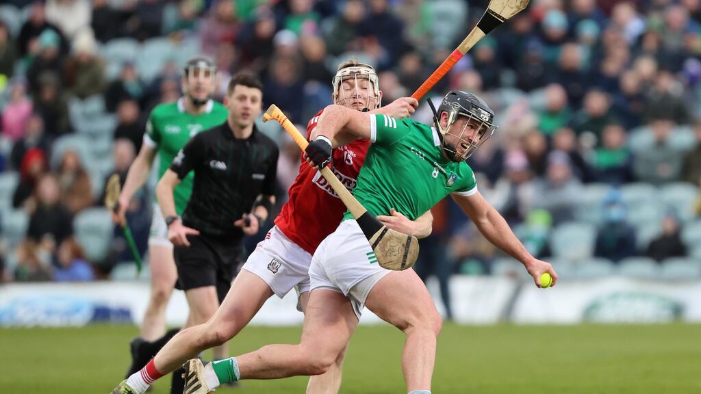 Cork’s Shane Barrett challenges  Darragh O’Donovan of Limerick during the Allianz Hurling League Division 1A game at the  TUS Gaelic Grounds. Photograph:  Bryan Keane/Inpho