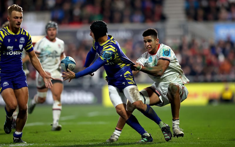 Ulster’s Cormac Izuchukwu in action against Simone Gesi of Zebre Parma. Photograph: Ryan Byrne/Inpho