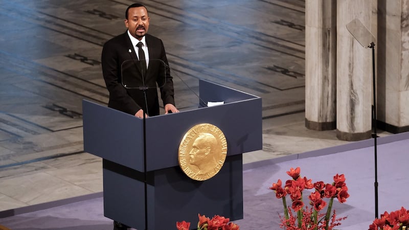 Ethiopia’s prime minister Abiy Ahmed speaks on stage after being awarded the Nobel Peace Prize in Oslo in December 2019. Photograph: Erik Valestrand/Getty Images