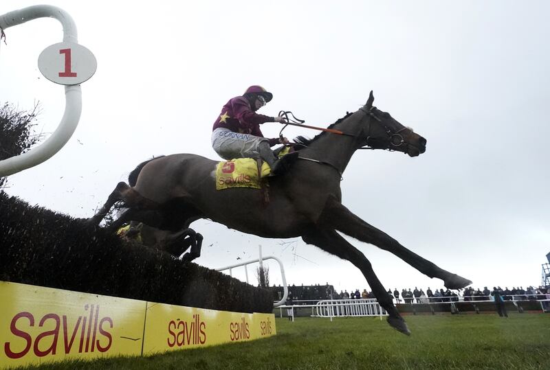 Minella Indo ridden by Rachael Blackmore goes on to win the Savills New Year's Day Chase at Waterford and Tramore Racecourse, Tramore, New Year's Day, January 1st, 2023. Photograph: Niall Carson/PA