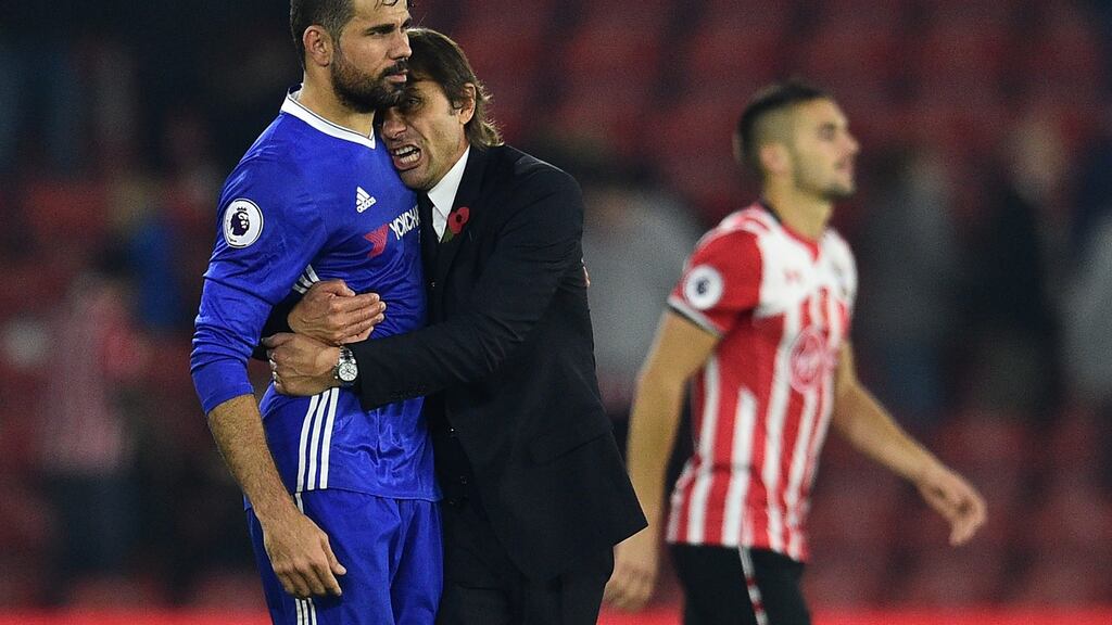 Chelsea’s head coach Antonio Conte says striker Diego Costa does not want a move to China. Photograph: Getty.