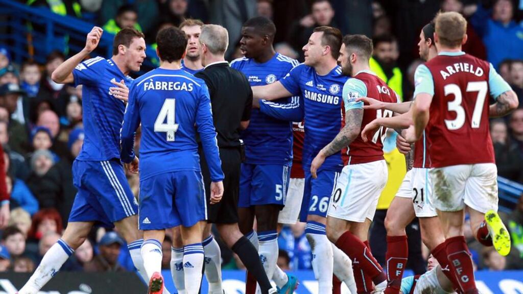 Nemanja Matic was sent off for his reaction fo Ashley Barnes’ tackle in his side’s 1-1 draw with Burnley, much to the ire of Chelsea boss Jose Mourinho. (Photograph: AFP PHOTO / SEAN DEMPSEY)