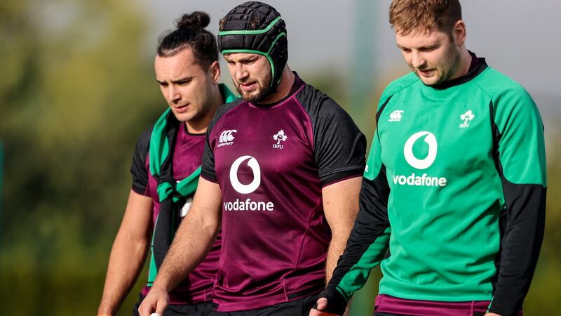 James Lowe, Caelan Doris and Iain Henderson during Ireland training. Photo: Dan Sheridan/Inpho
