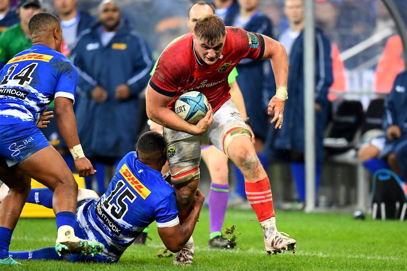 Munster's number eight Gavin Coombes was unlucky not to be awarded a try against the Stormers. Photograph: Rodger Bosch/AFP via Getty Images