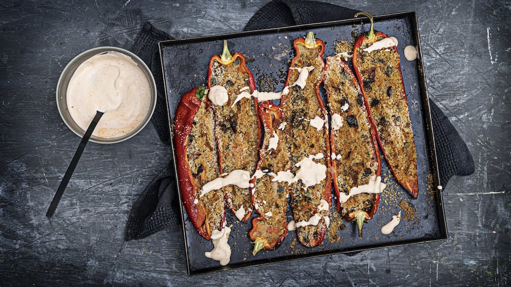 Pointy red peppers, olive crumble, siriracha creme fraiche