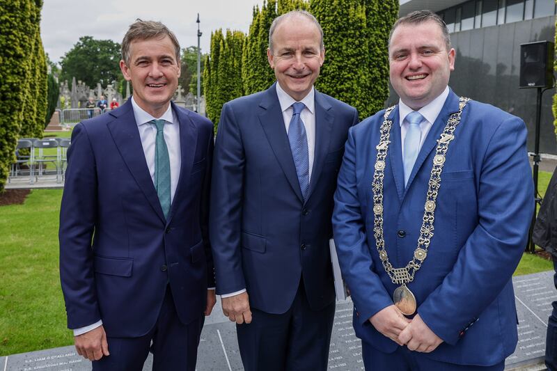 Lord mayor Daithí de Róiste, far right, with, from left, Senator Mark Daly and Tánaiste Micheál Martin. Photograph: Conor Ó Mearáin/Collins