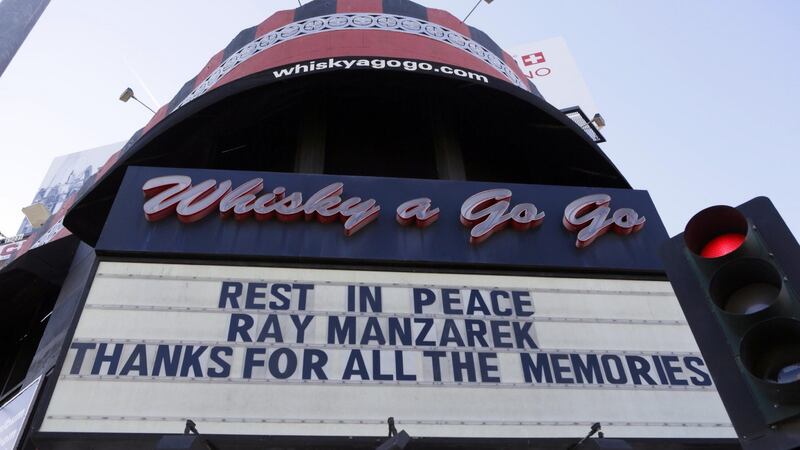 The Whisky a Go Go’s marquee honours musician Ray Manzarek of The Doors.